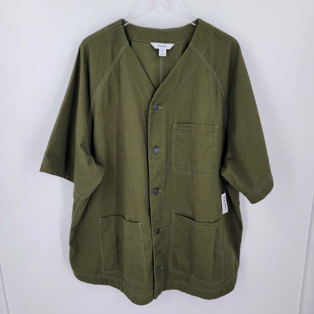 Old Navy Shirt Mens XL Tall Green Solid Cotton Twill Button Up Short Sleeve